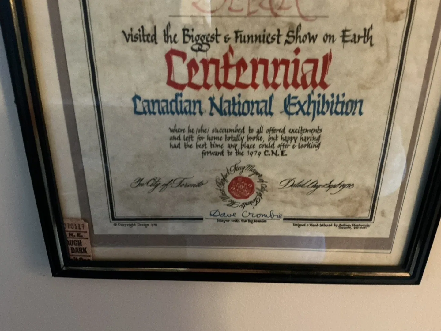 Vintage 1978 CNE Visitors Centennial Certificate In Frame ! image indicator(4)