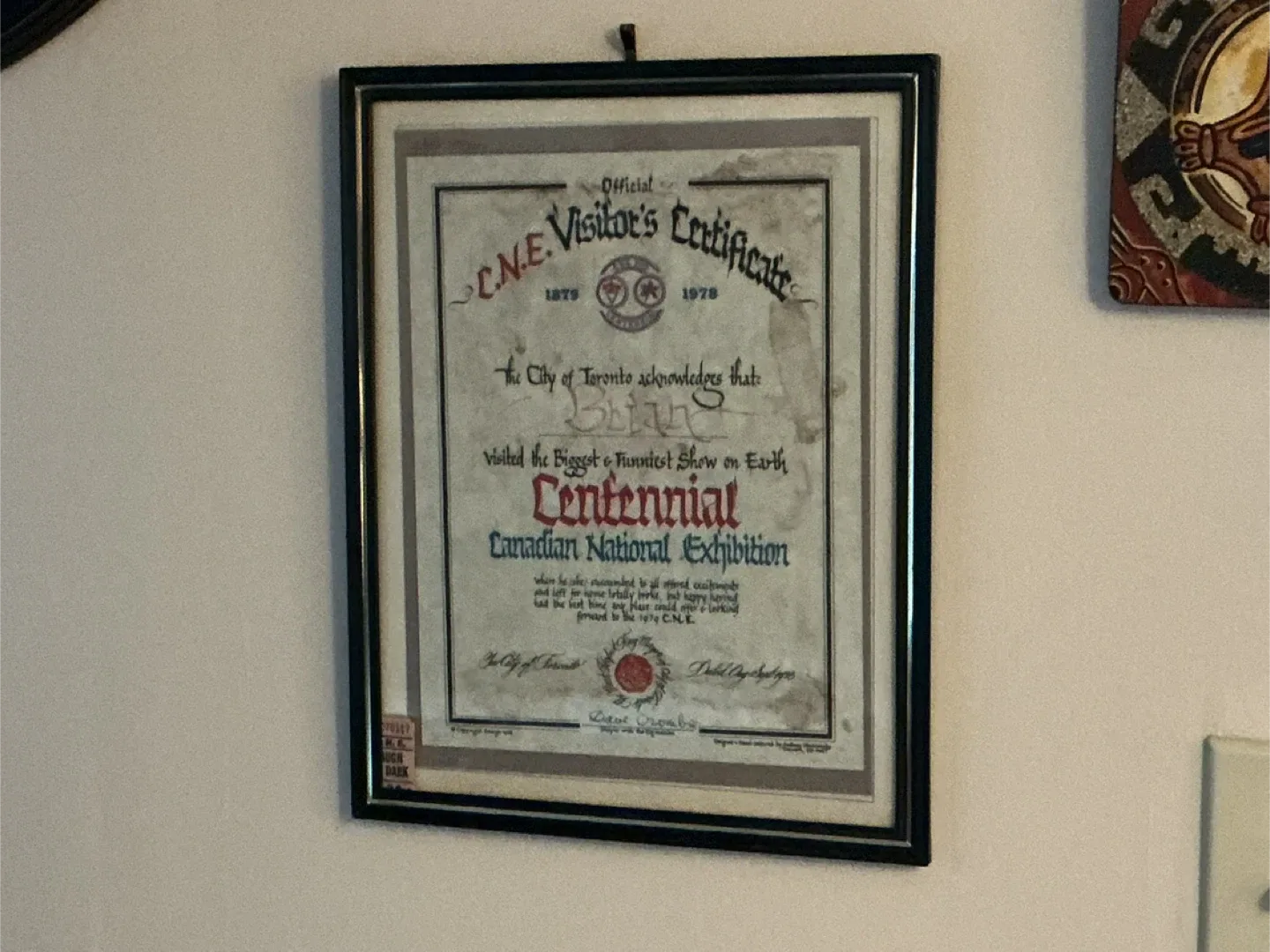 Vintage 1978 CNE Visitors Centennial Certificate In Frame ! image indicator(6)