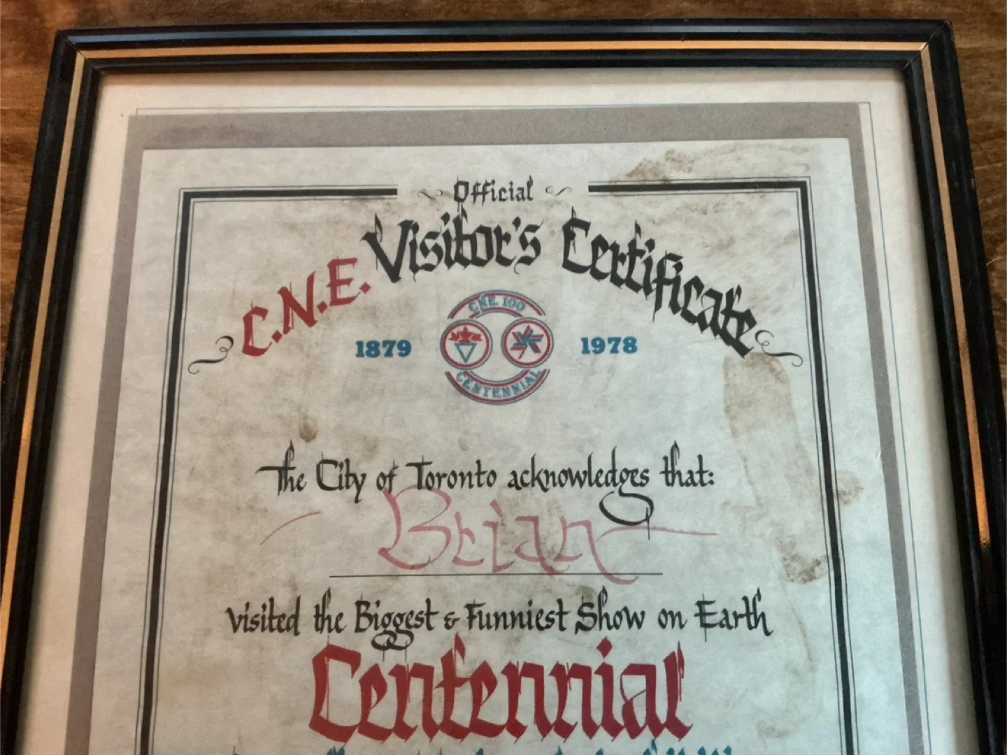 Vintage 1978 CNE Visitors Centennial Certificate In Frame ! image indicator(3)
