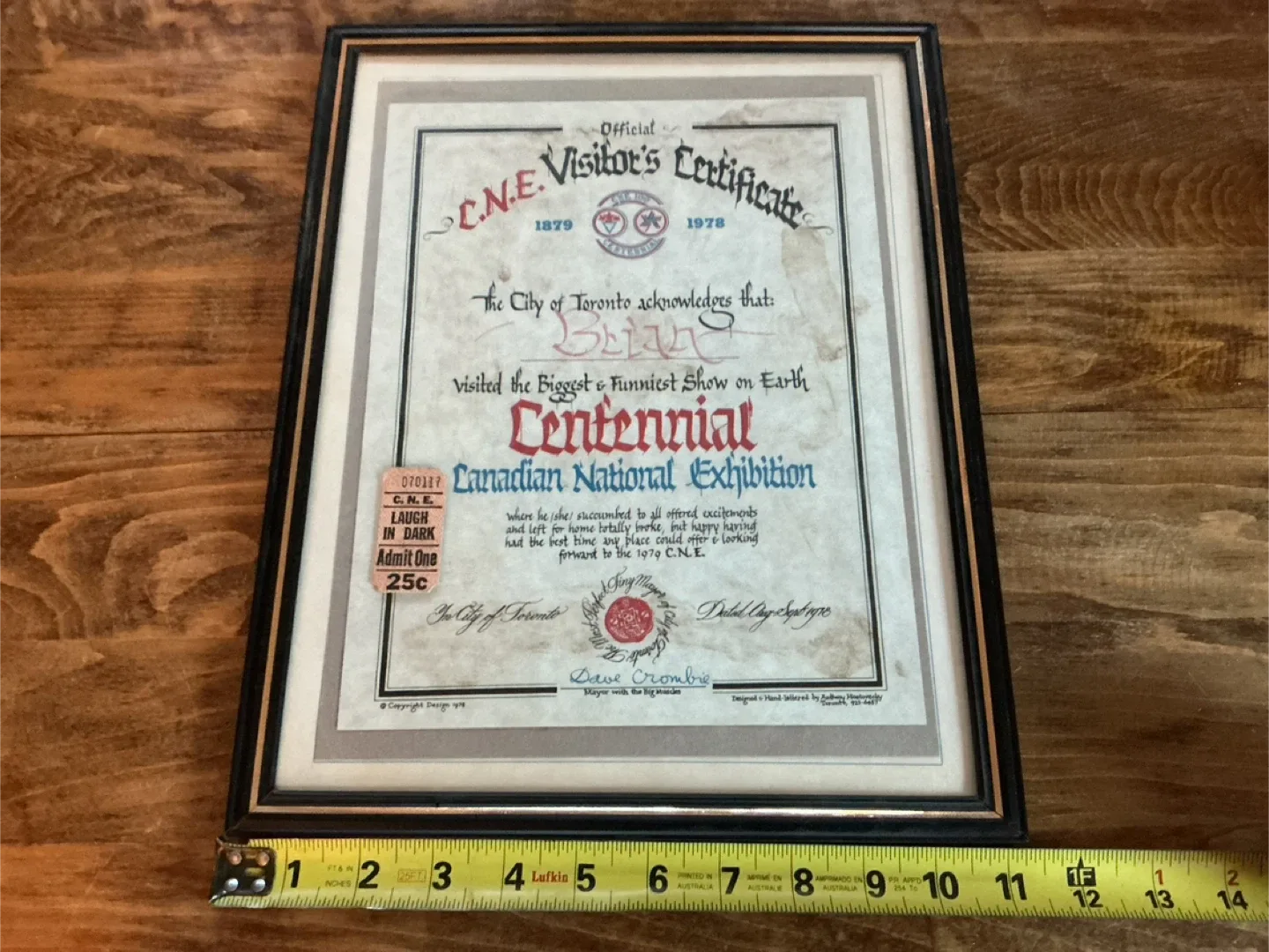 Vintage 1978 CNE Visitors Centennial Certificate In Frame ! image indicator(2)