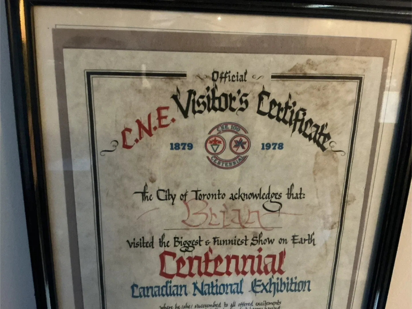 Vintage 1978 CNE Visitors Centennial Certificate In Frame ! image indicator(7)