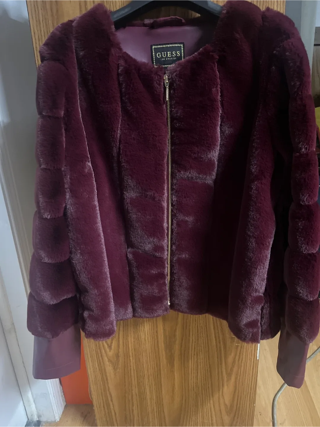 Guess Faux Fur Jacket - Burgundy, Size M