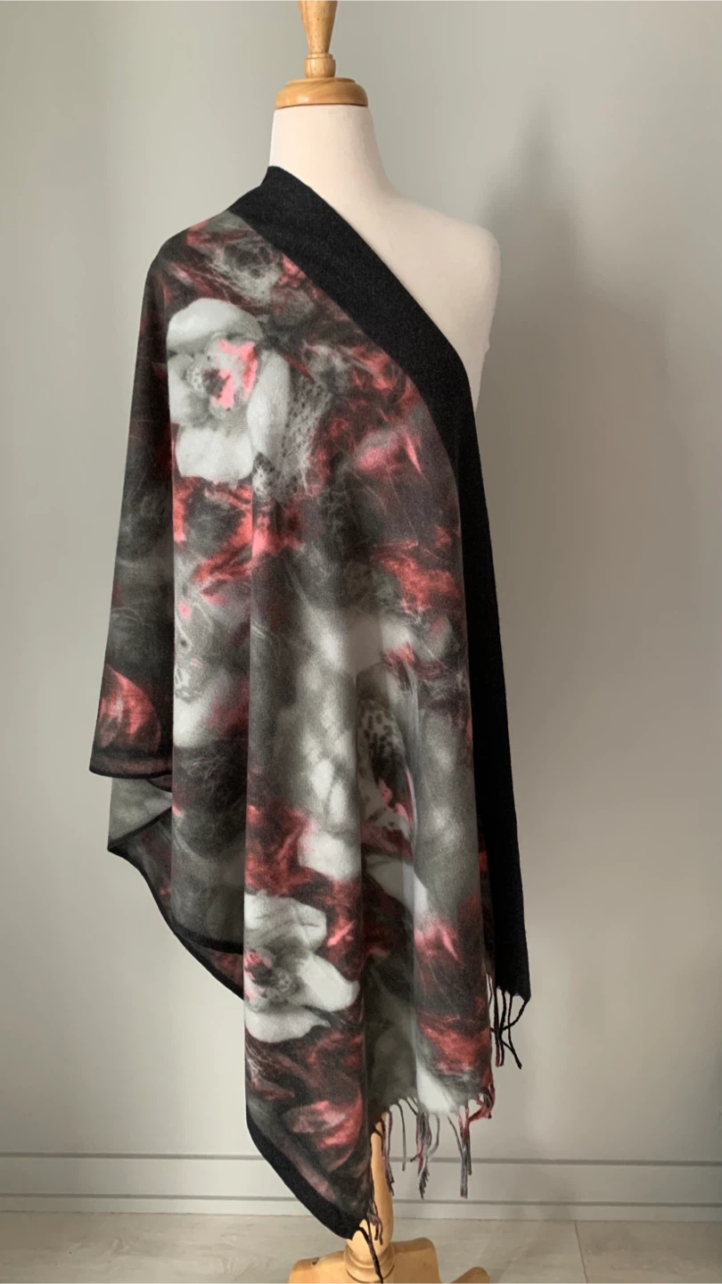 Cashmere Blend Floral Print Scarf - Grey, Pink, Black - photo 4