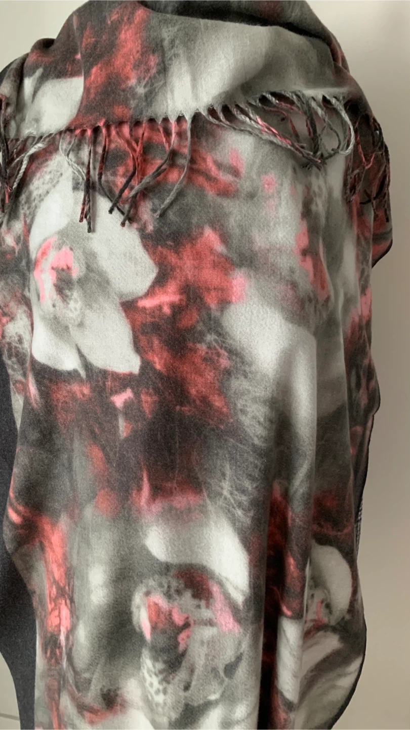 Cashmere Blend Floral Print Scarf - Grey, Pink, Black - photo 3