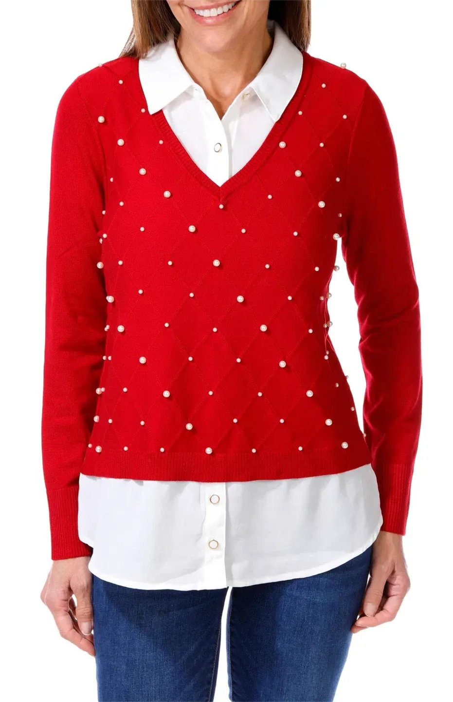 Rio & Rian Red Pearl Embellished Sweater XL/TG