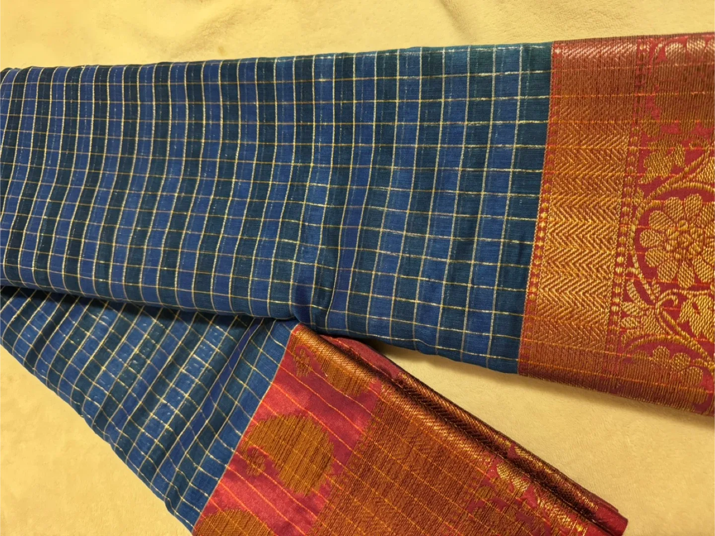 Blue & Pink Checkered Saree