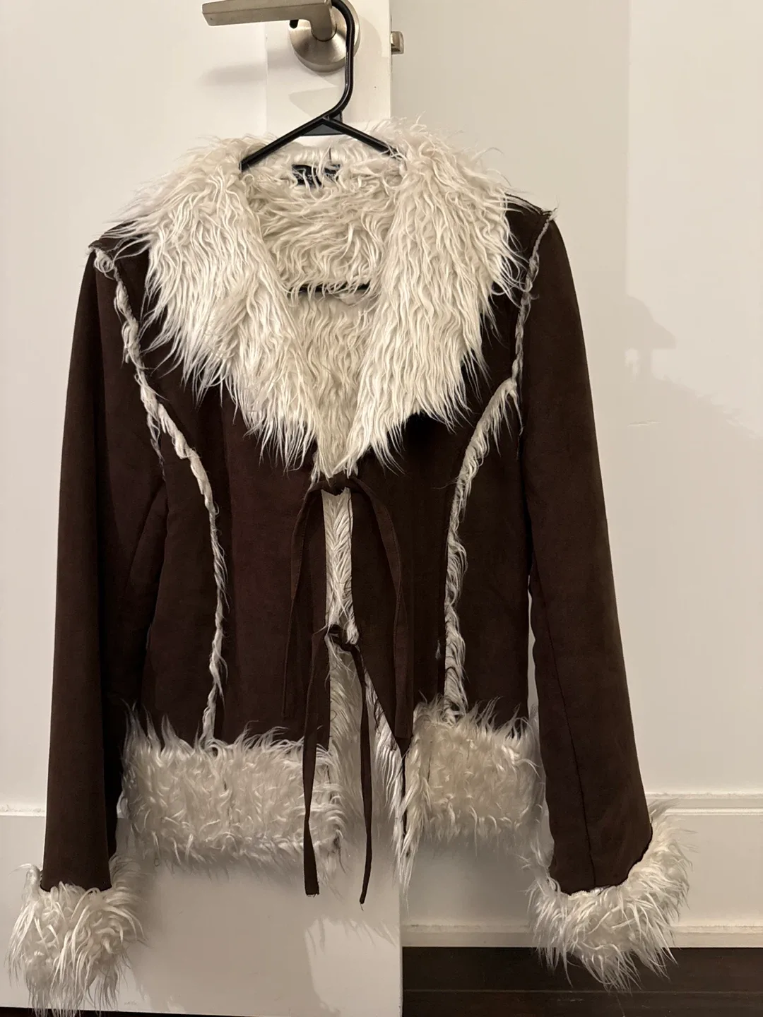 Brown Faux Suede Jacket with Fur Trim