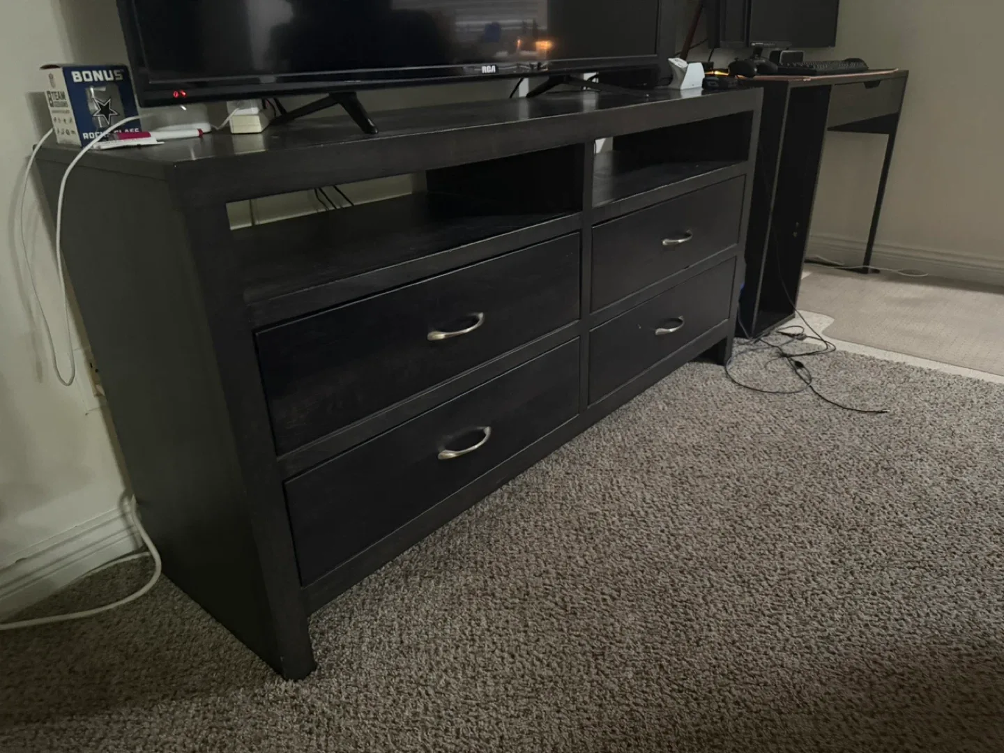 Modern Black 4-Drawer Dresser with Open Shelves image indicator(2)