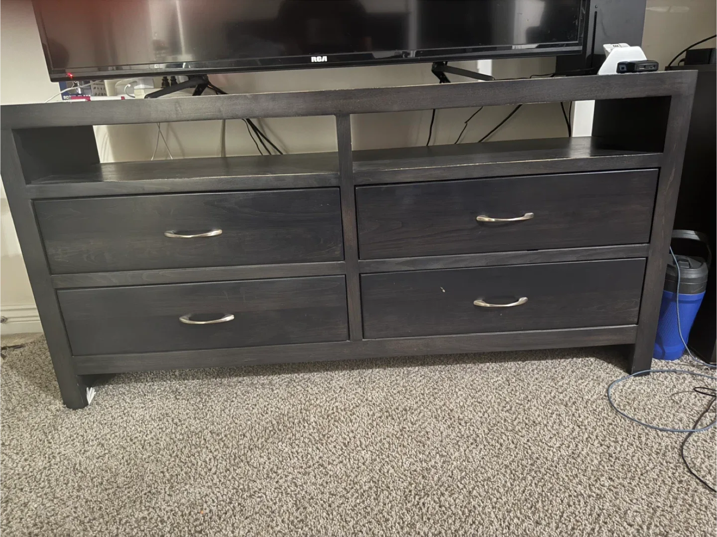 Modern Black 4-Drawer Dresser with Open Shelves