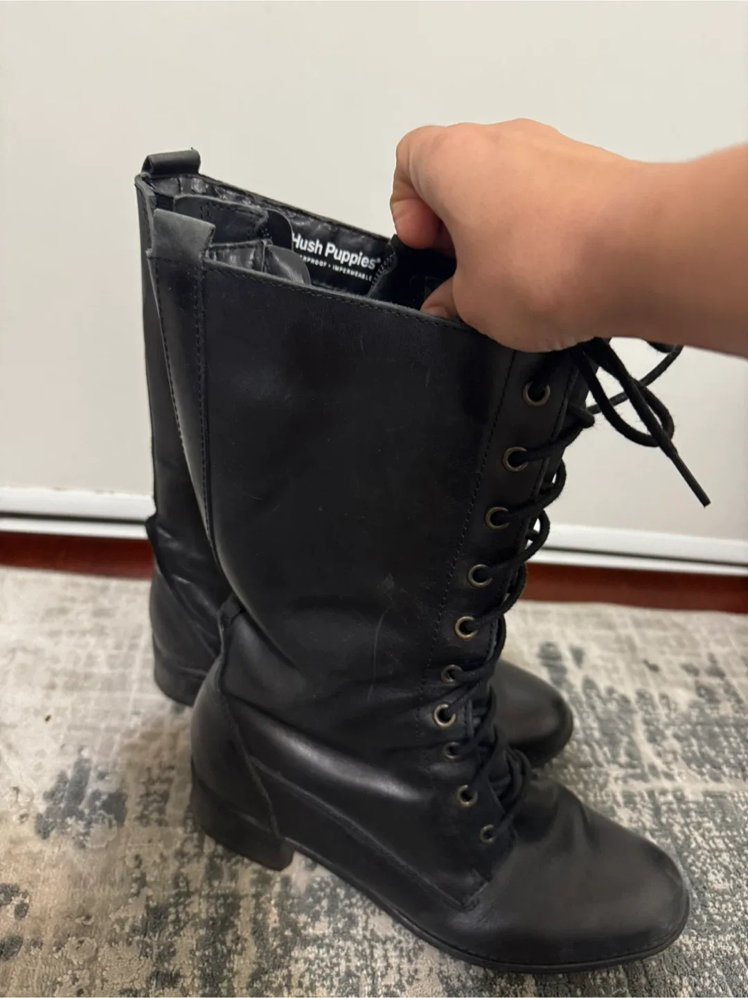 Hush Puppies Black Leather Lace-Up Boots - Size 8