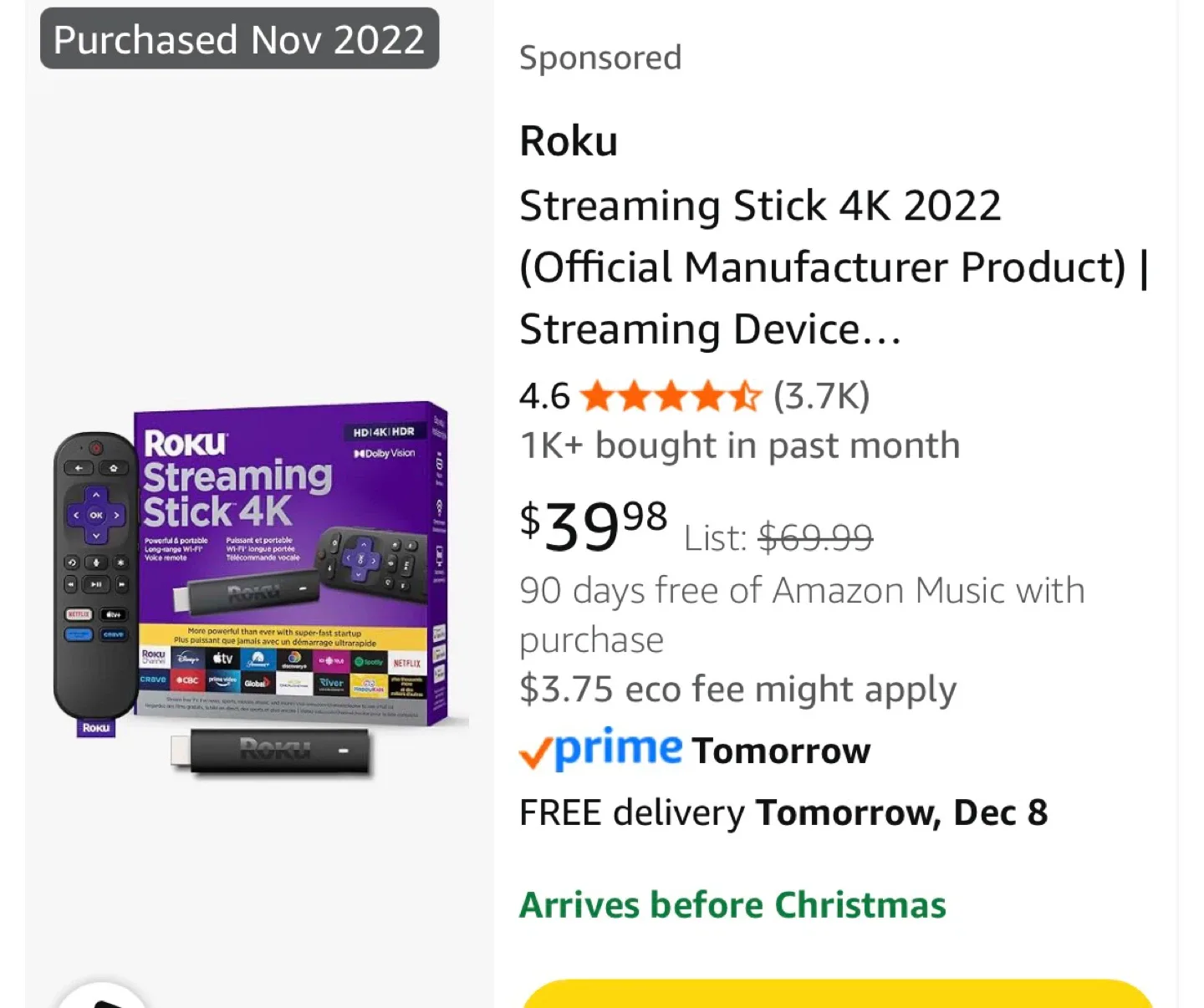 Roku Streaming Stick 4K 2022 - no remote