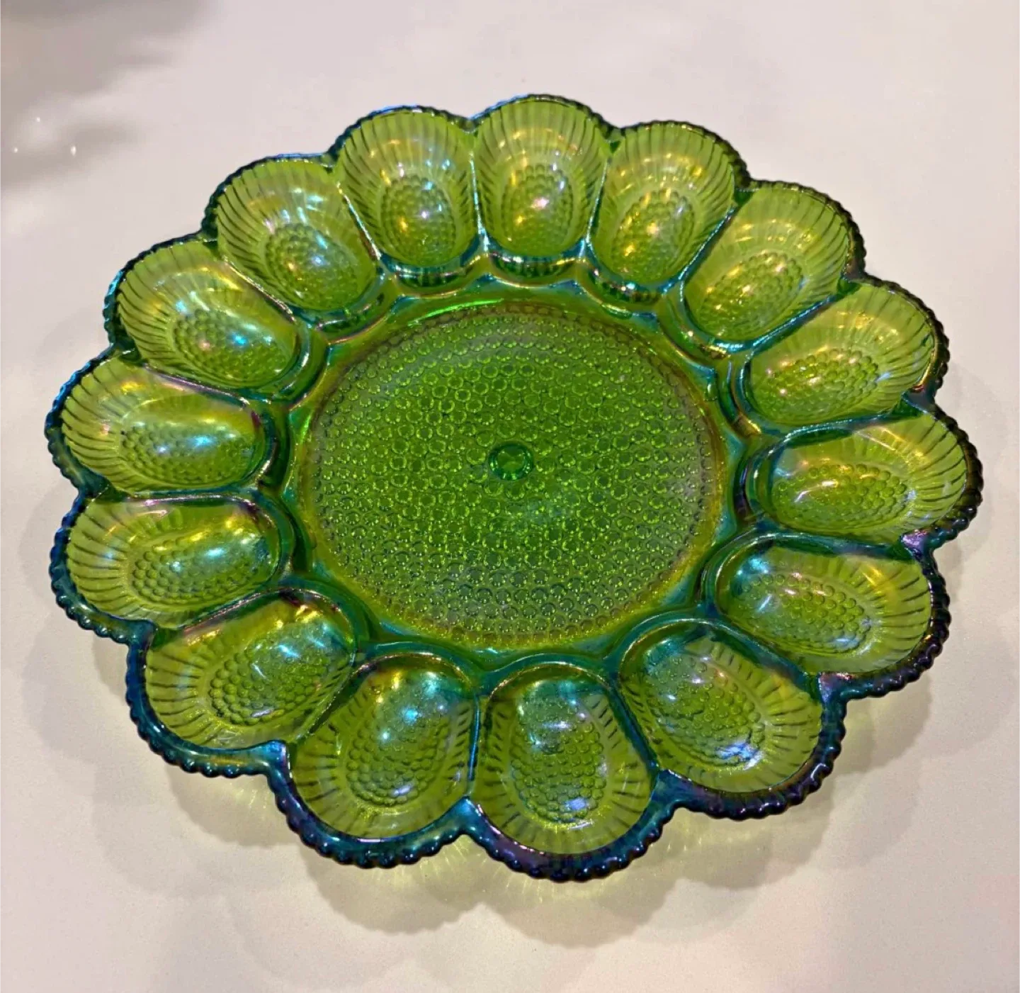 #Cleanout- Vintage Green Carnival Glass Egg Plate