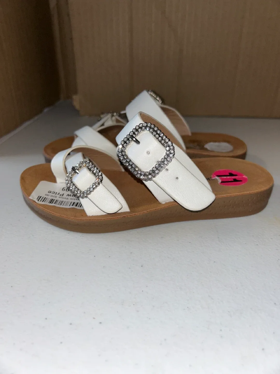 White Rhinestone Buckle Sandals - Size 11