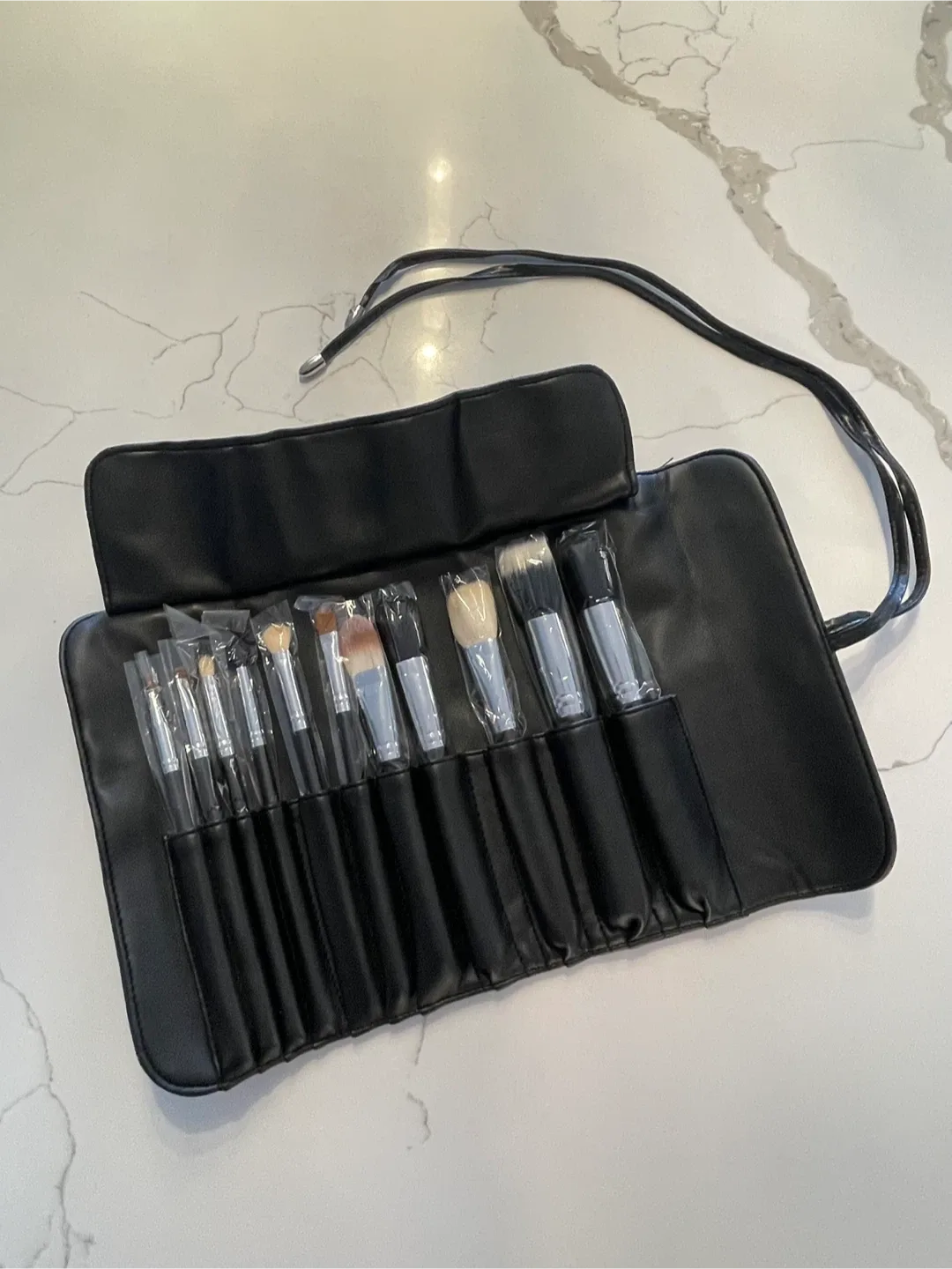 New 11pc Makeup Brush Set with PU Leather Black Roll Case