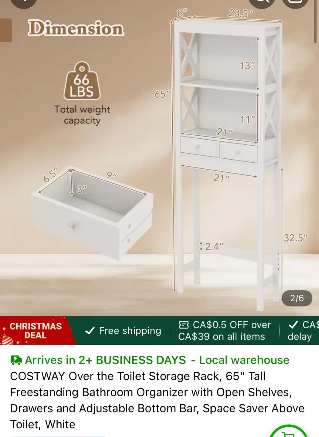 COSTWAY Over The Toilet Storage Rack - White image indicator(2)