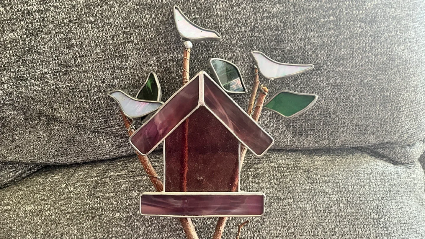 #Cleanout Stained Glass Birdhouse on Wood Base image indicator(6)