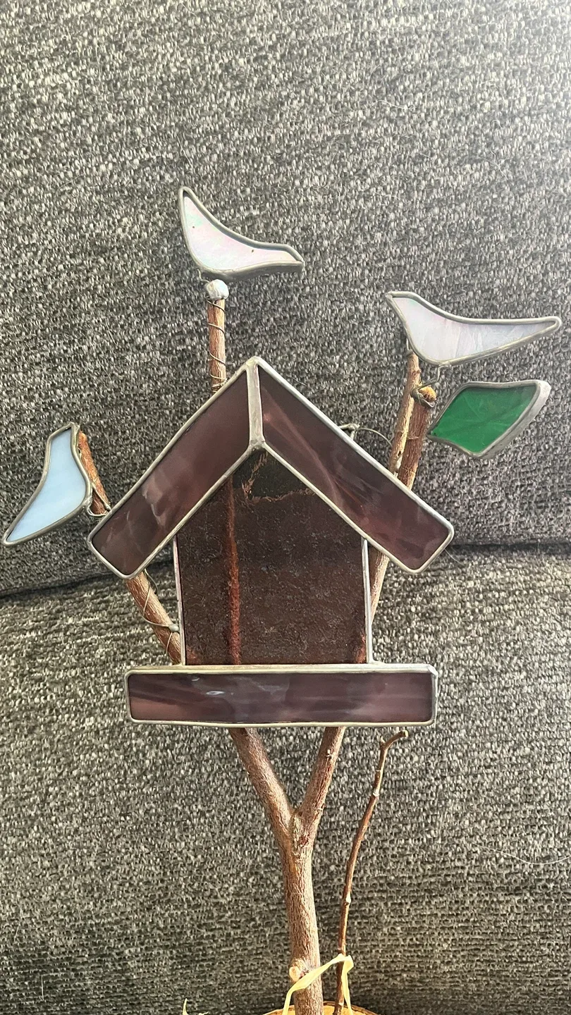 #Cleanout Stained Glass Birdhouse on Wood Base image indicator(4)