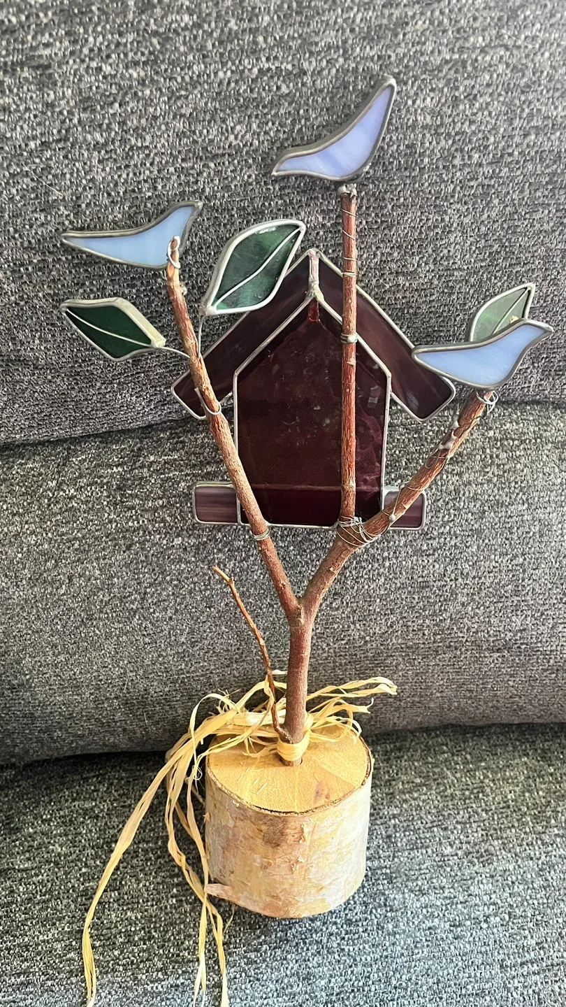 #Cleanout Stained Glass Birdhouse on Wood Base image indicator(2)