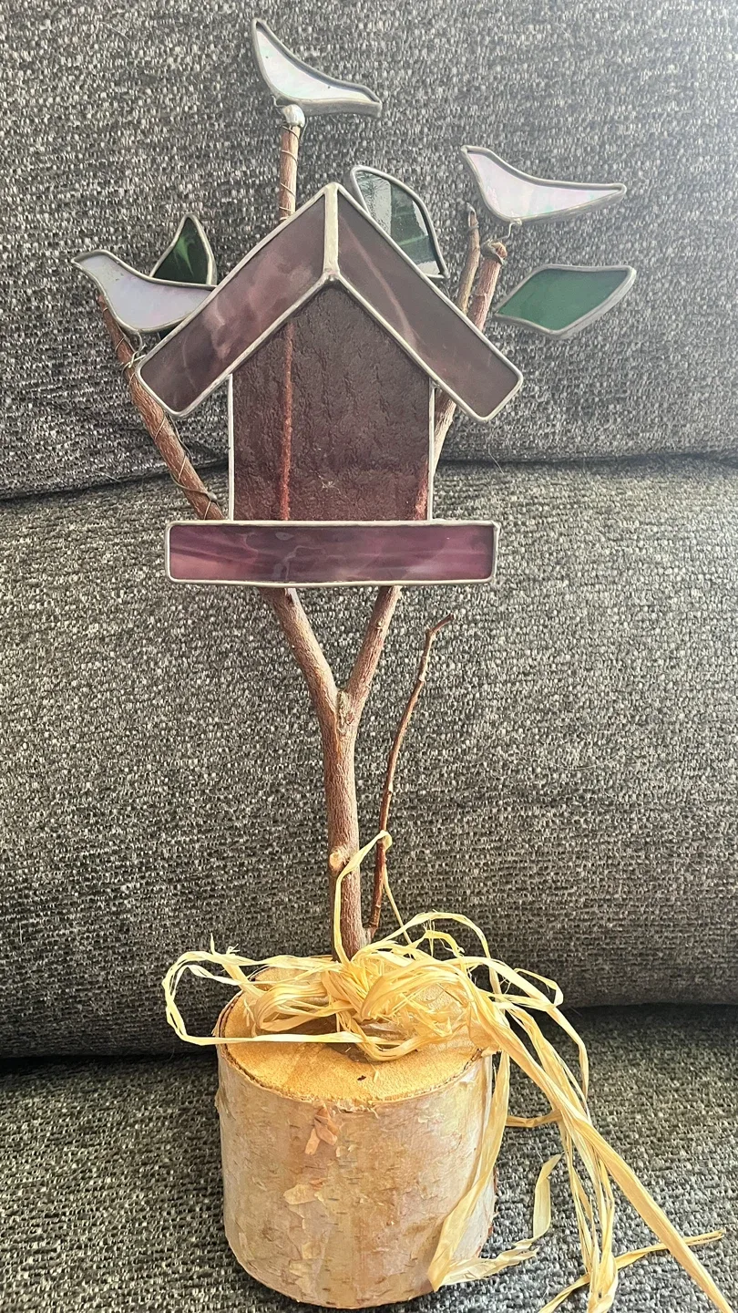 #Cleanout Stained Glass Birdhouse on Wood Base image indicator(5)