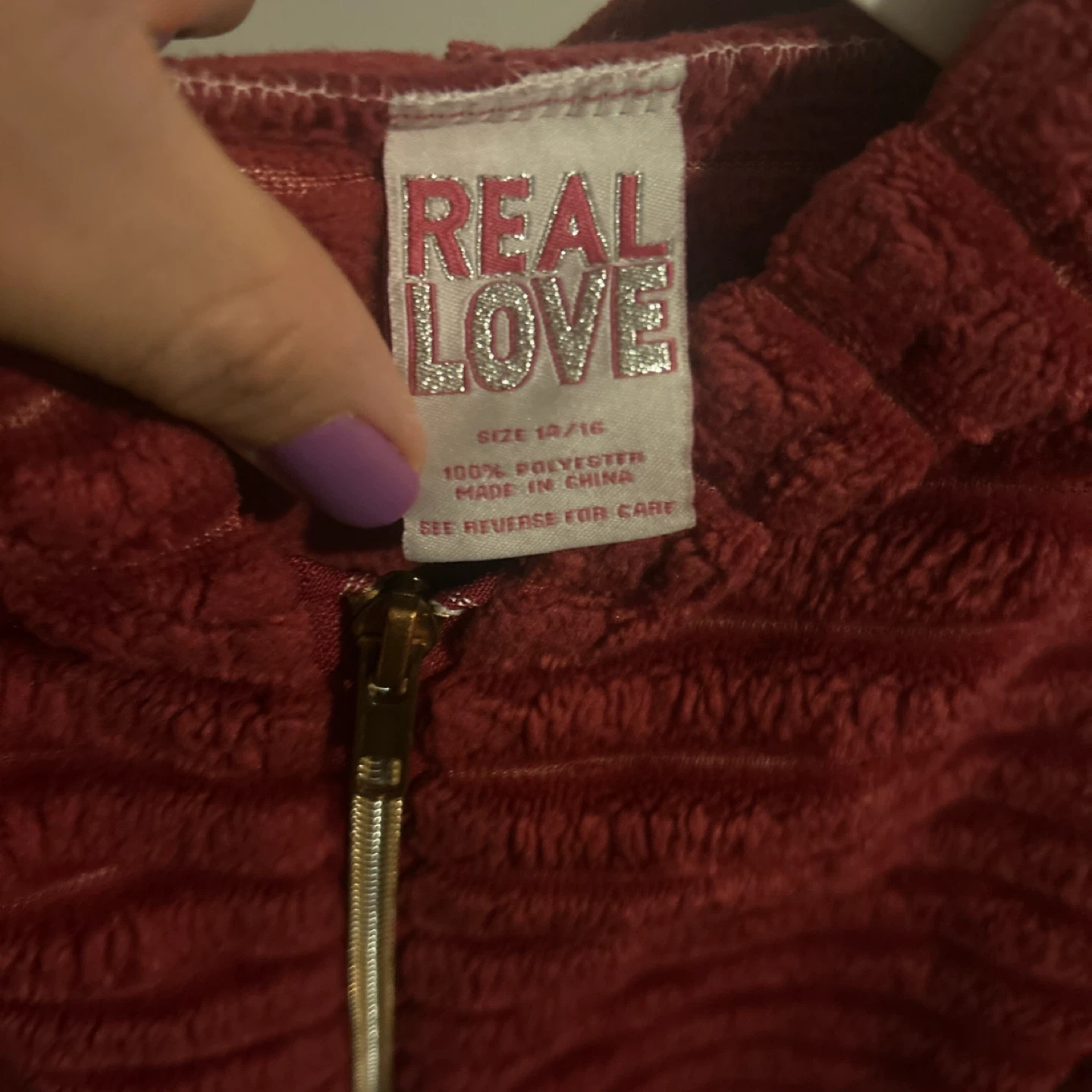 Real Love Girl's Burgundy Fleece Hoodie - Size 14/16 - photo 3