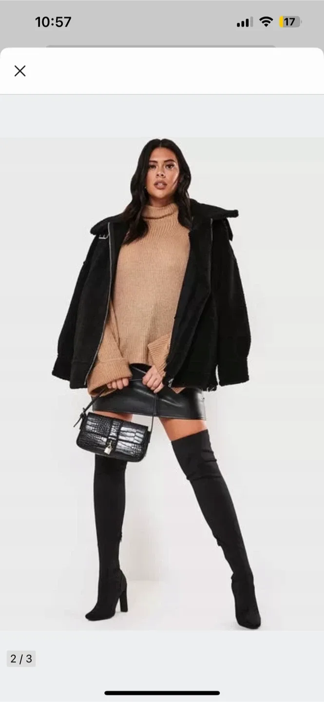 Missguided Black Aviator Teddy Mid-Length Coat, Size US 18 image indicator(2)