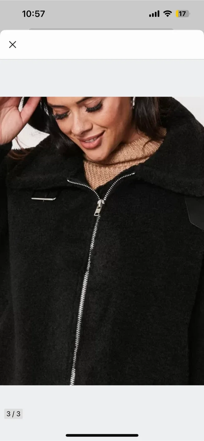 Missguided Black Aviator Teddy Mid-Length Coat, Size US 18 image indicator(3)