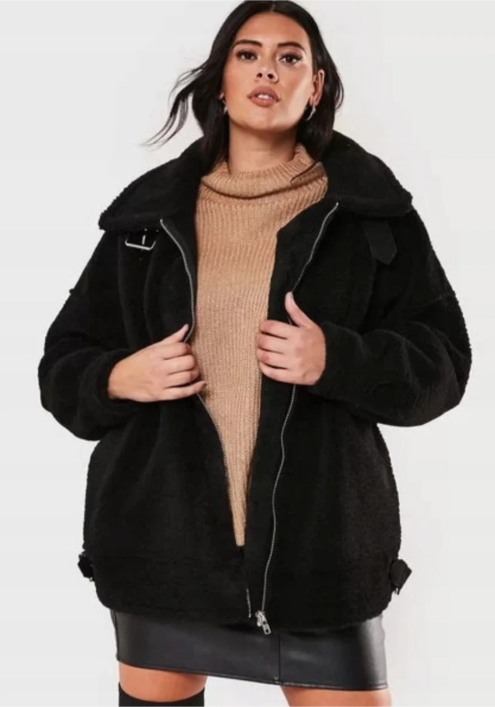 Missguided Black Aviator Teddy Mid-Length Coat, Size US 18