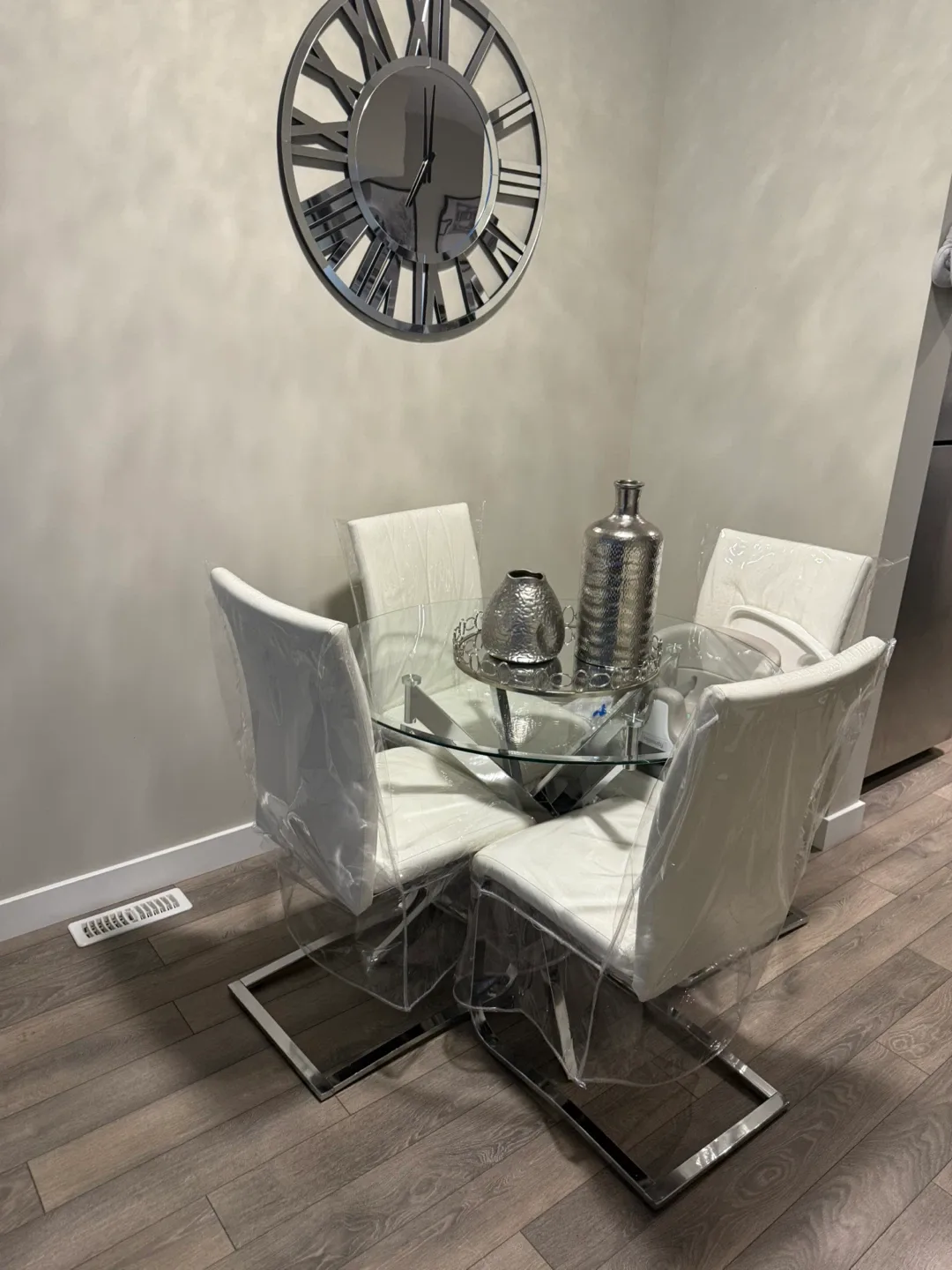 Glass Dining Table with 4 White Chairs