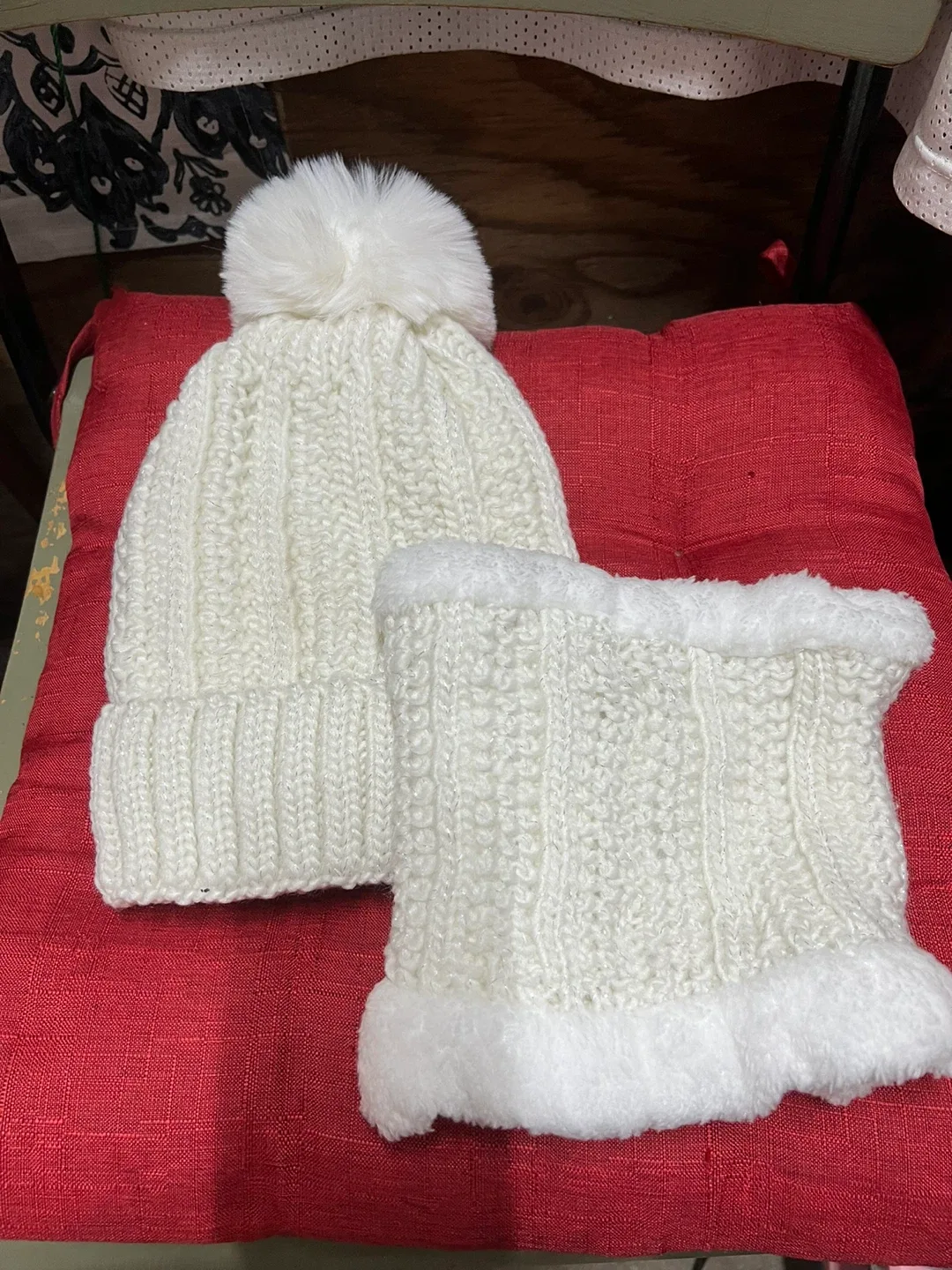 White Knit Hat and Neck Warmer Set