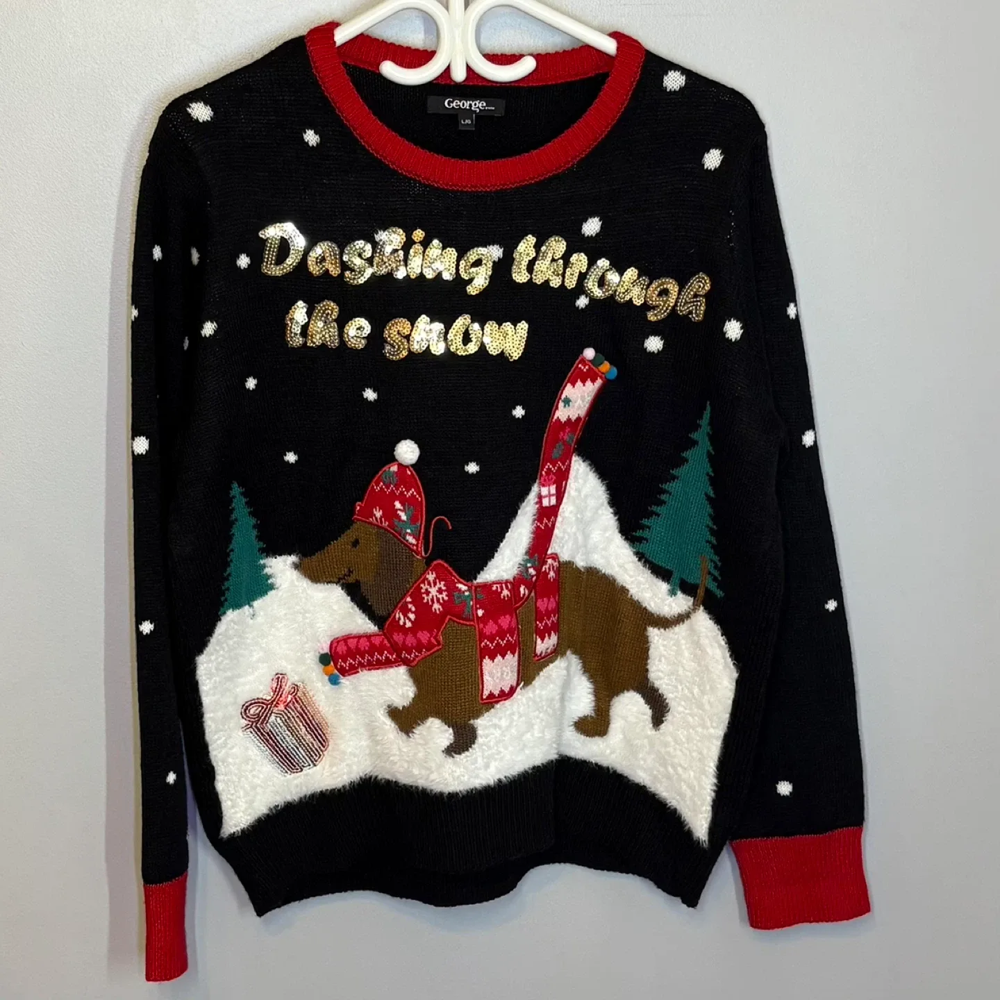 George Black Dashing Through The Snow Sequin Dachshund Sweater image indicator(2)