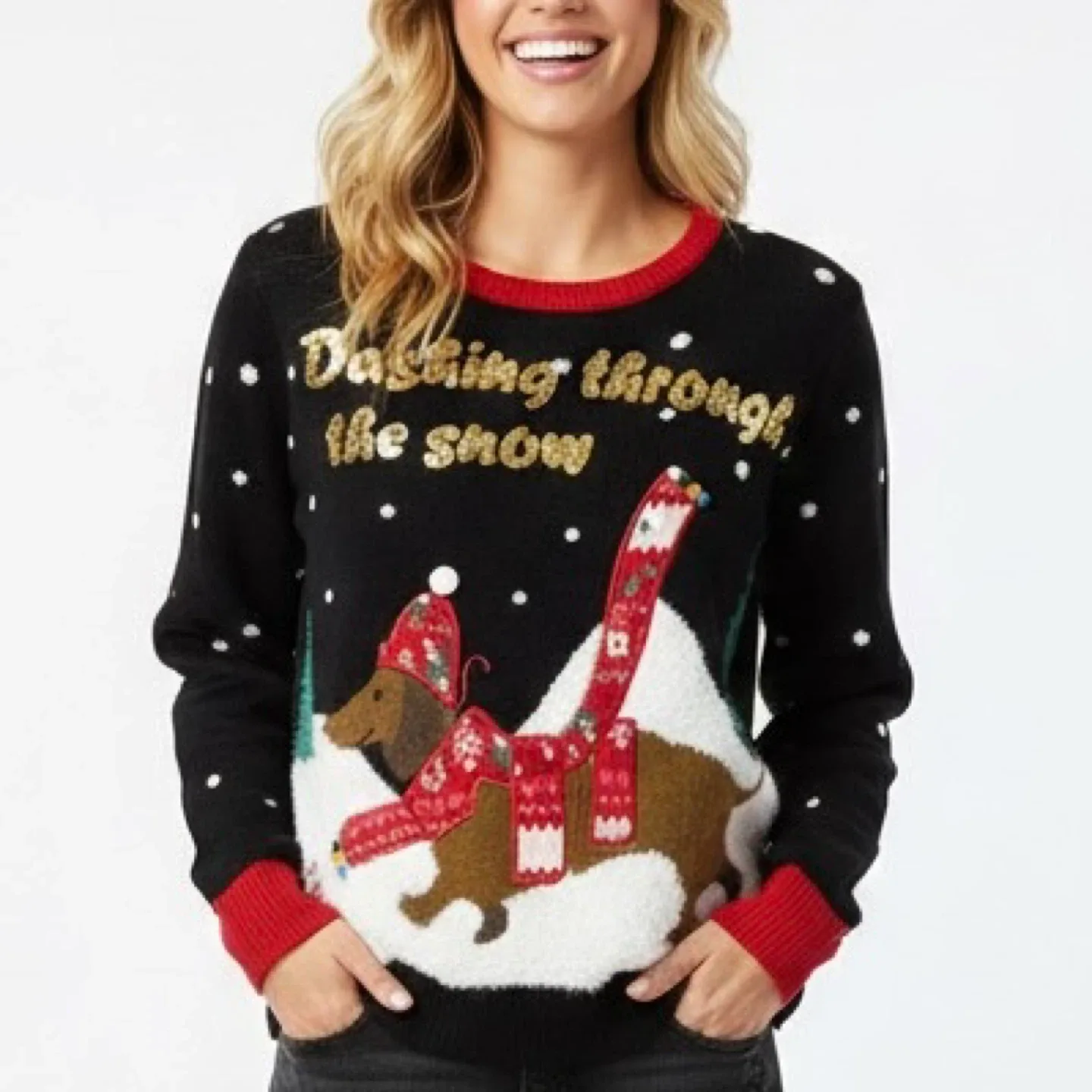 George Black Dashing Through The Snow Sequin Dachshund Sweater