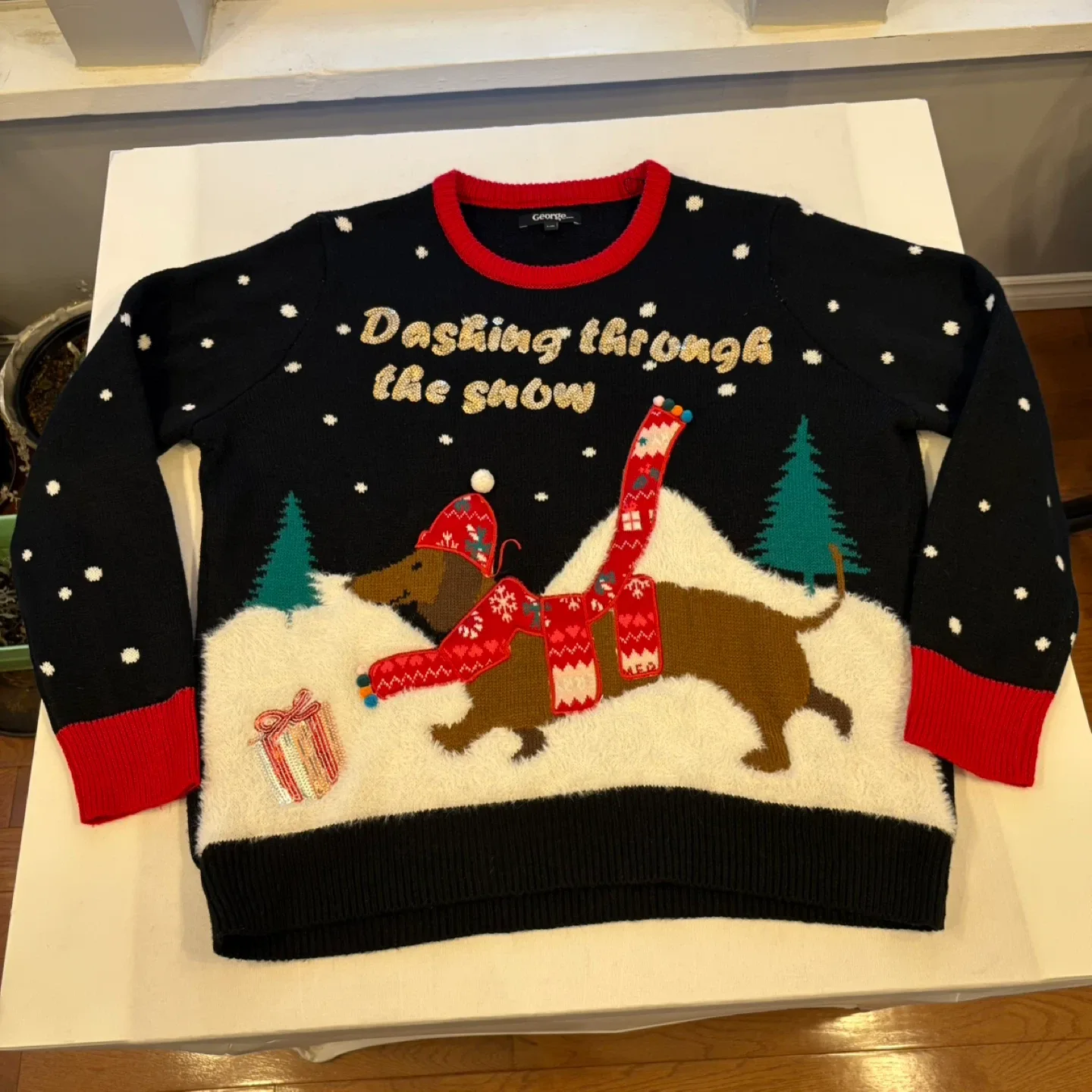 George Black Dashing Through The Snow Sequin Dachshund Sweater image indicator(6)