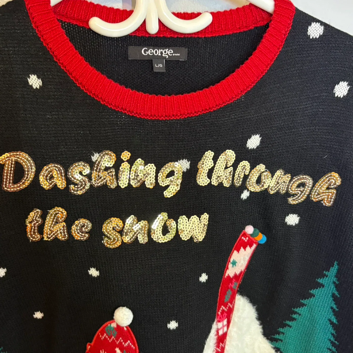 George Black Dashing Through The Snow Sequin Dachshund Sweater image indicator(3)