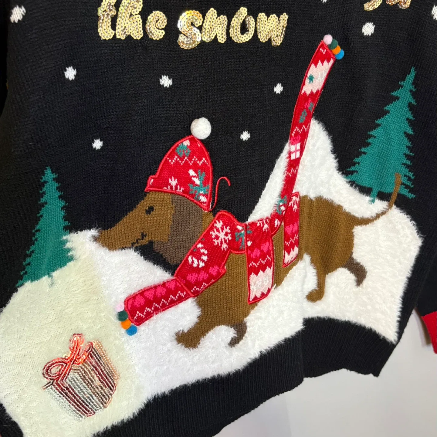 George Black Dashing Through The Snow Sequin Dachshund Sweater image indicator(4)
