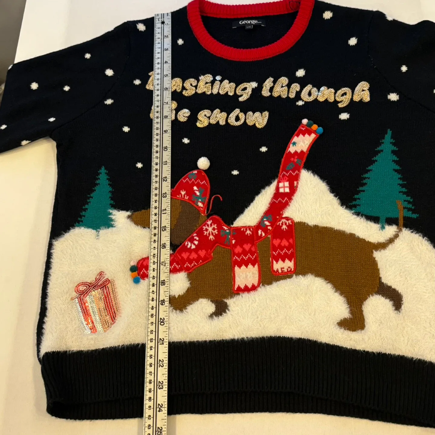 George Black Dashing Through The Snow Sequin Dachshund Sweater image indicator(8)