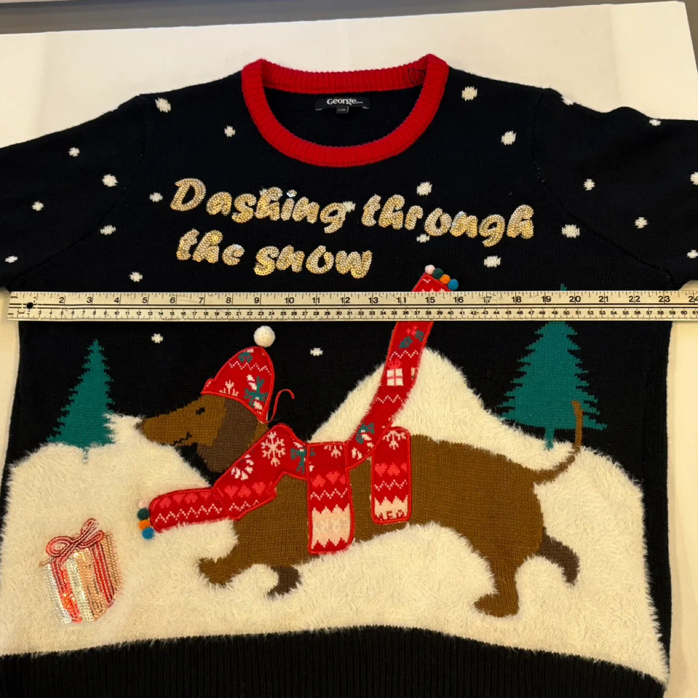 George Black Dashing Through The Snow Sequin Dachshund Sweater image indicator(7)