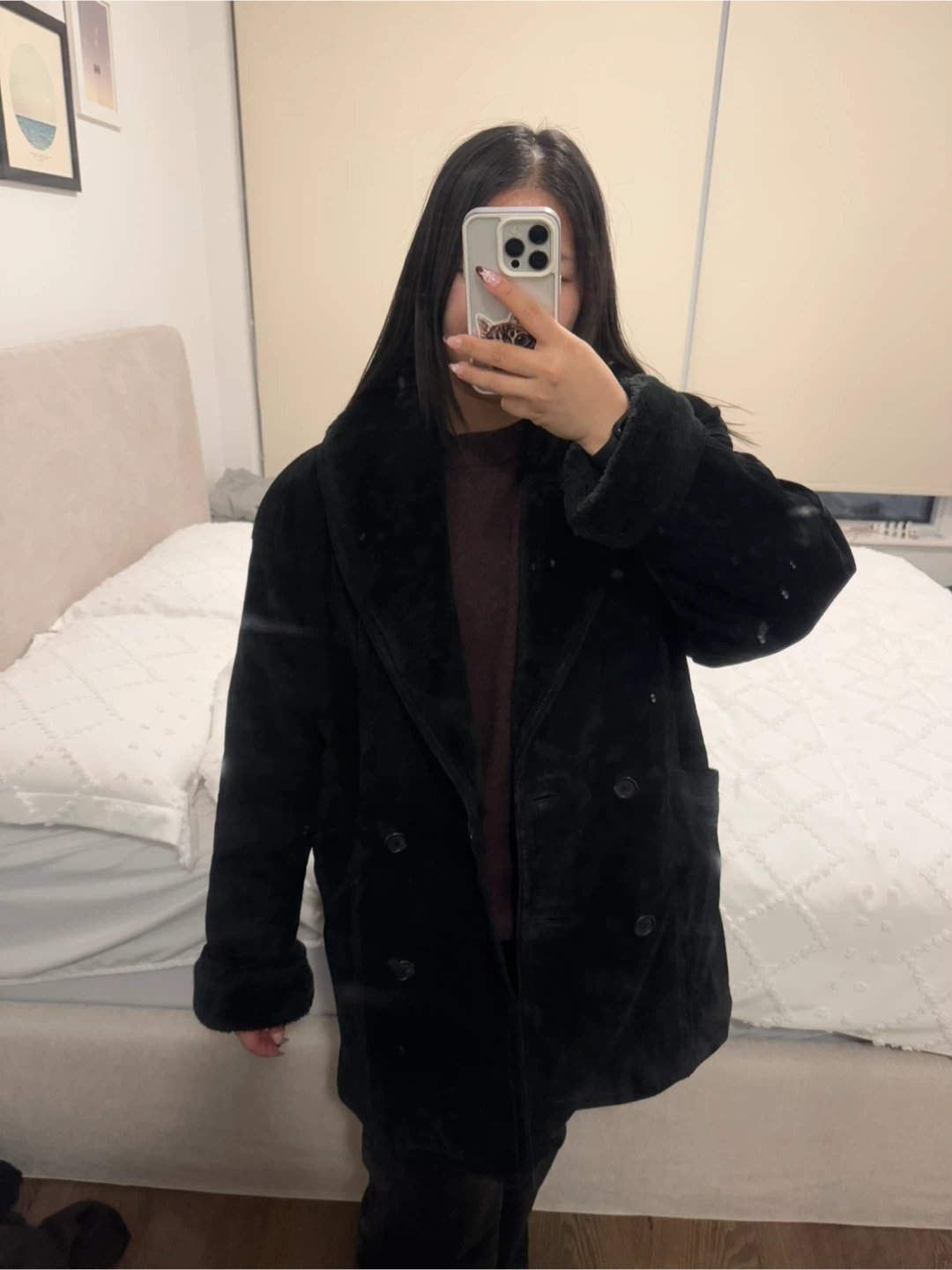 Vintage Black Suede Leather Coat - Size M