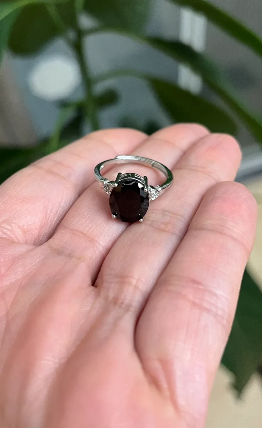 Black Gemstone Ring - Adjustable Silver plated
