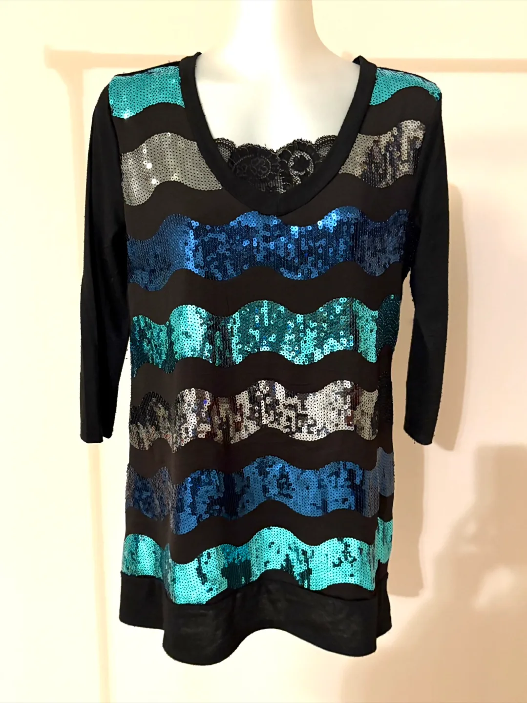 Sequin Striped Long Sleeve Top - Size Petite Medium