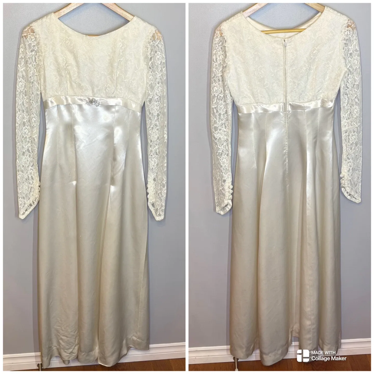 Vintage 1966 Handmade Satin Lace Empire Waist Wedding Dress image indicator(2)