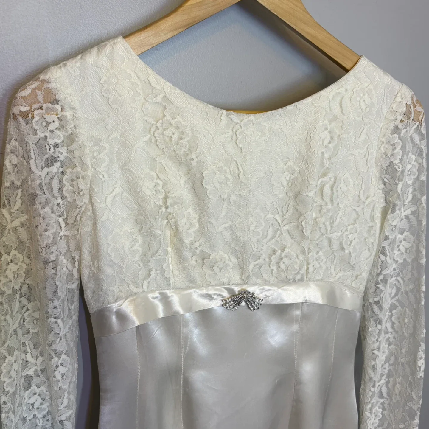 Vintage 1966 Handmade Satin Lace Empire Waist Wedding Dress image indicator(3)