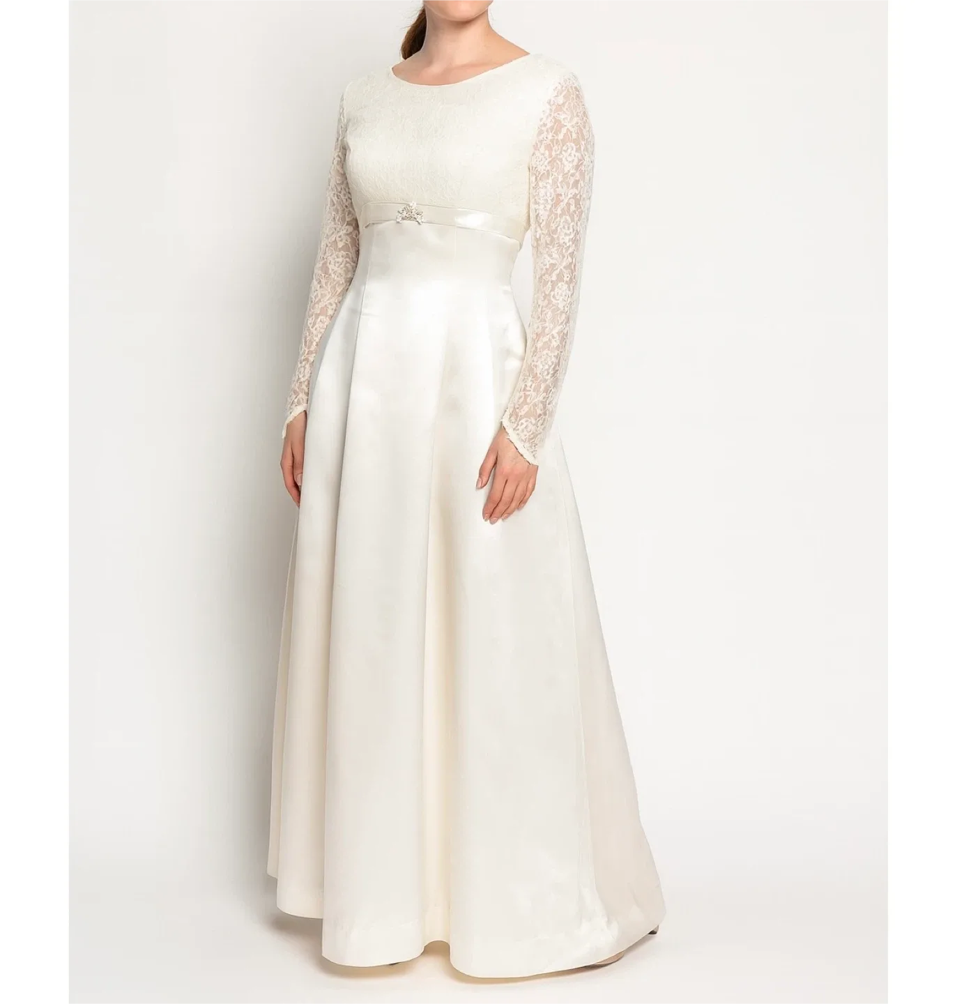 Vintage 1966 Handmade Satin Lace Empire Waist Wedding Dress