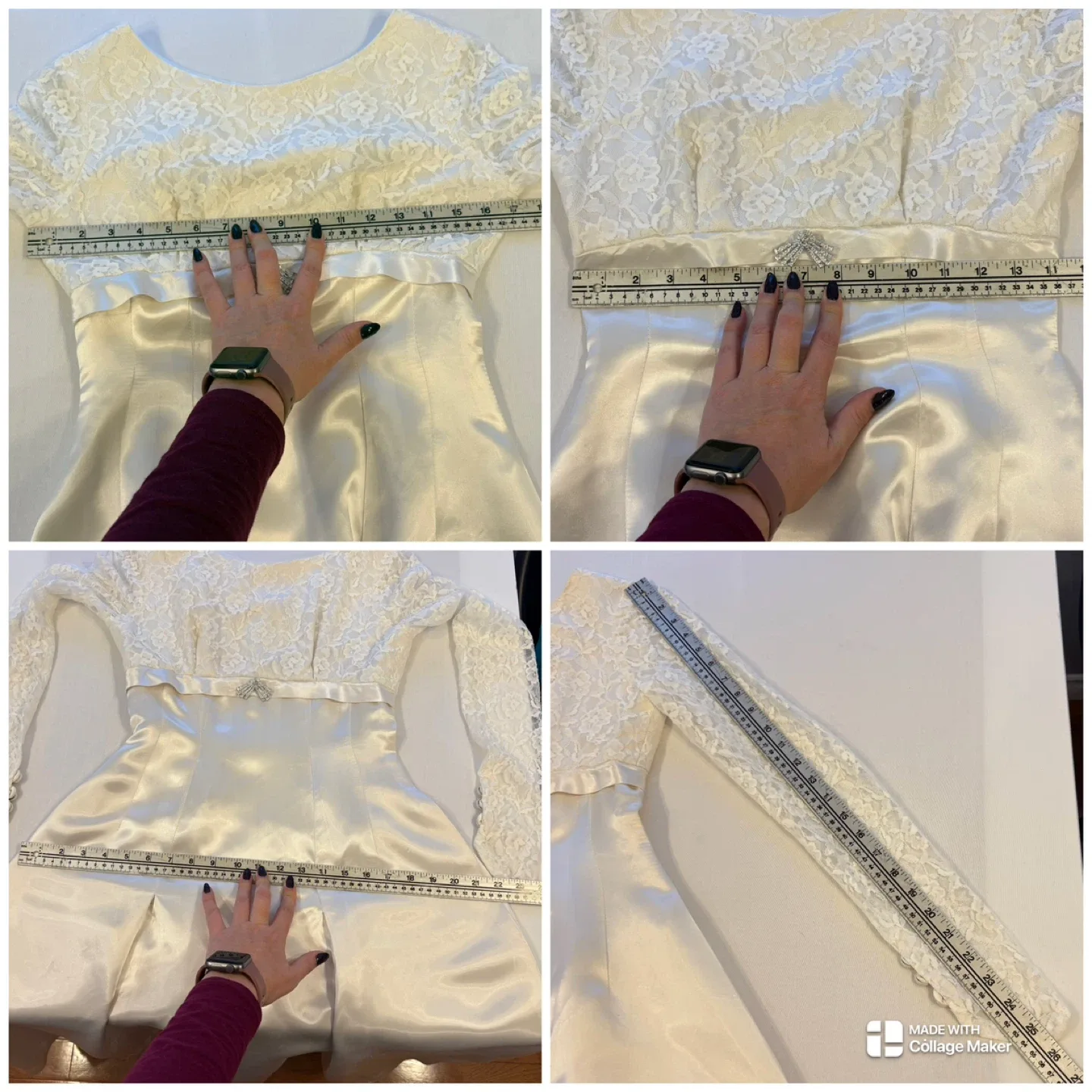 Vintage 1966 Handmade Satin Lace Empire Waist Wedding Dress image indicator(10)