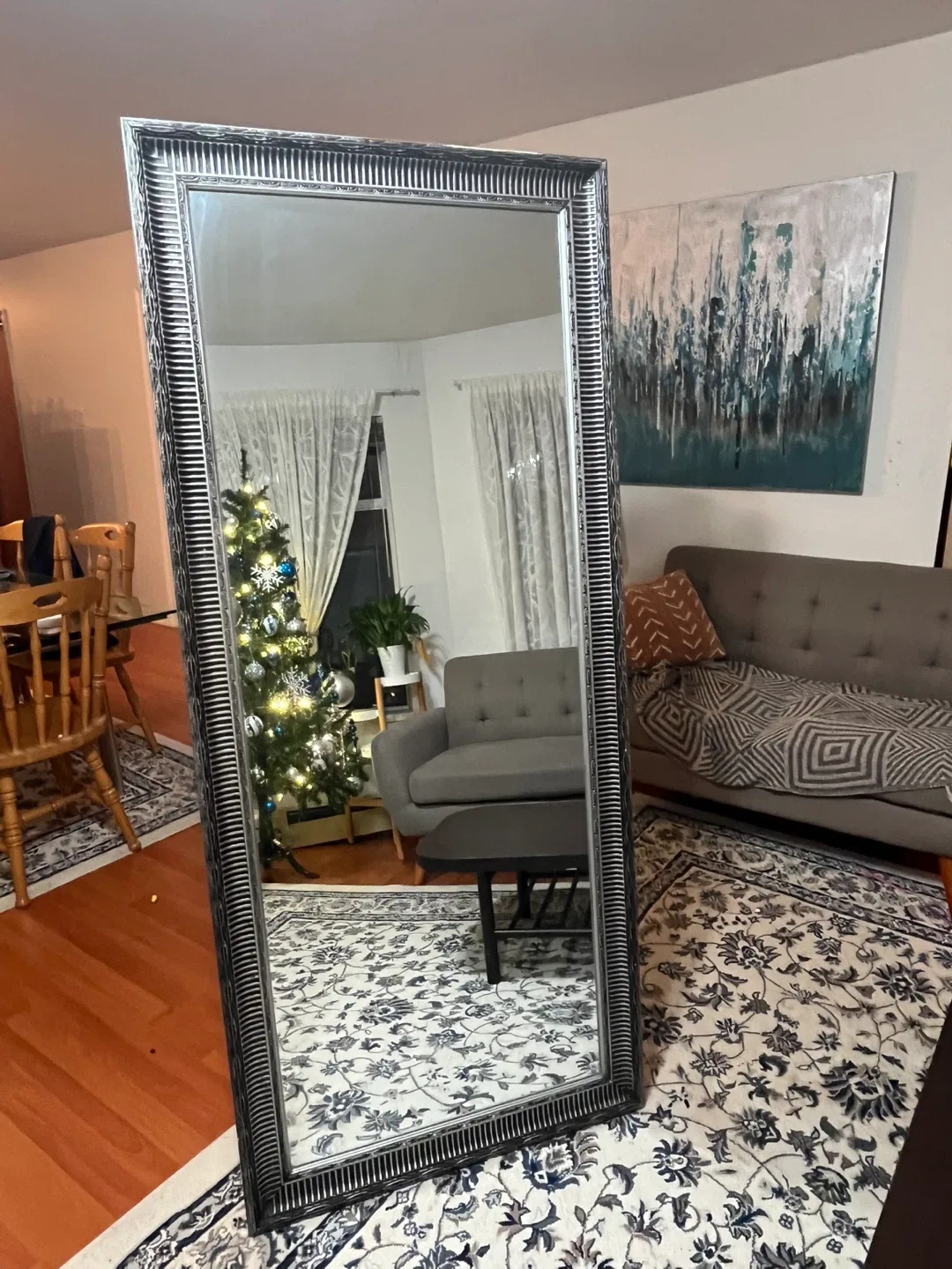 Full Length Mirror with Ornate Silver Frame