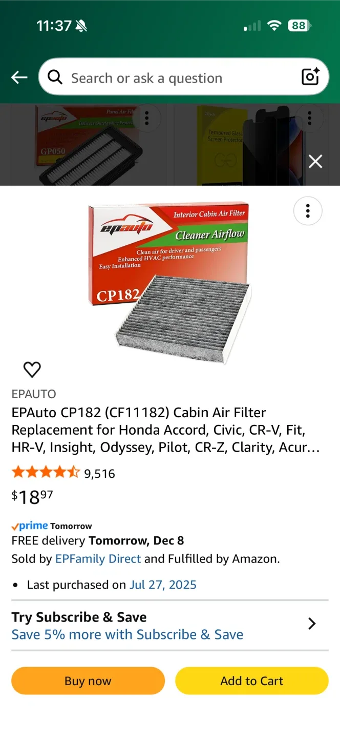 EPAuto CP182 Cabin Air Filter - Honda, Acura