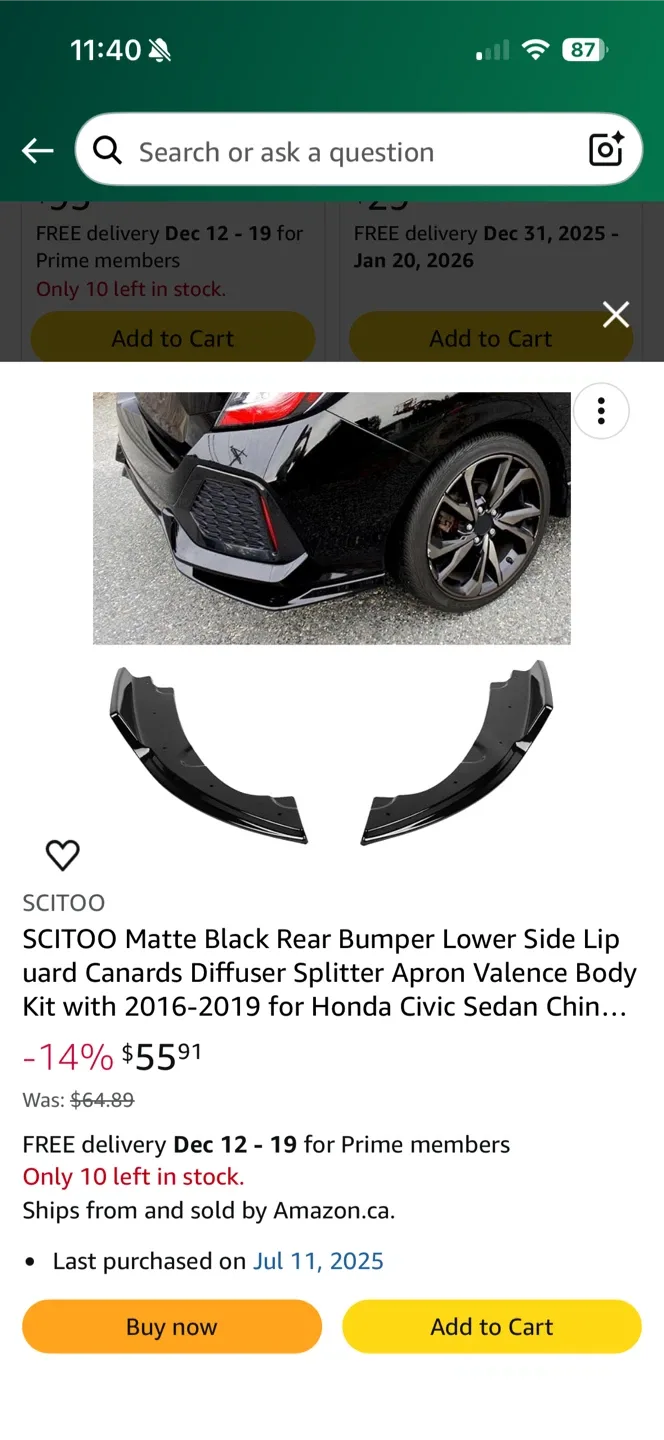 SCITOO Matte Black Rear Bumper Kit for Honda Civic 2016-2019