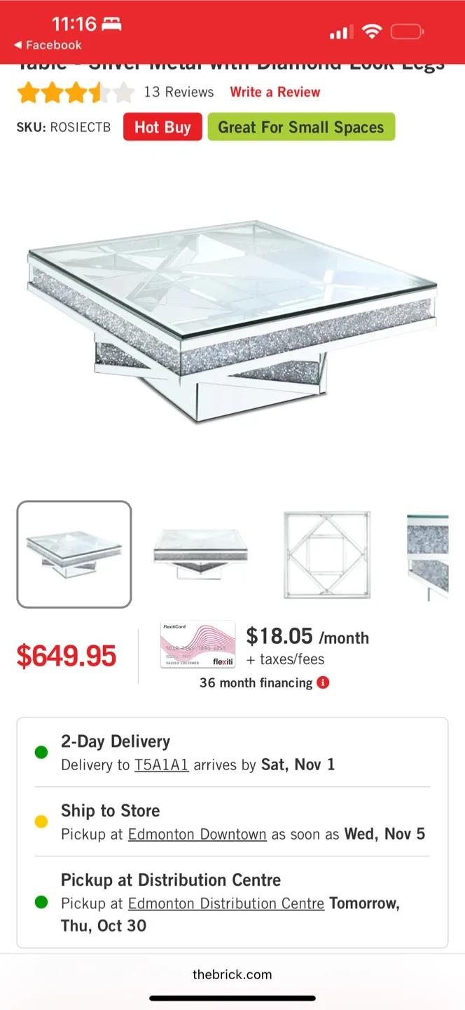 Silver Metal Diamond Look Coffee Table