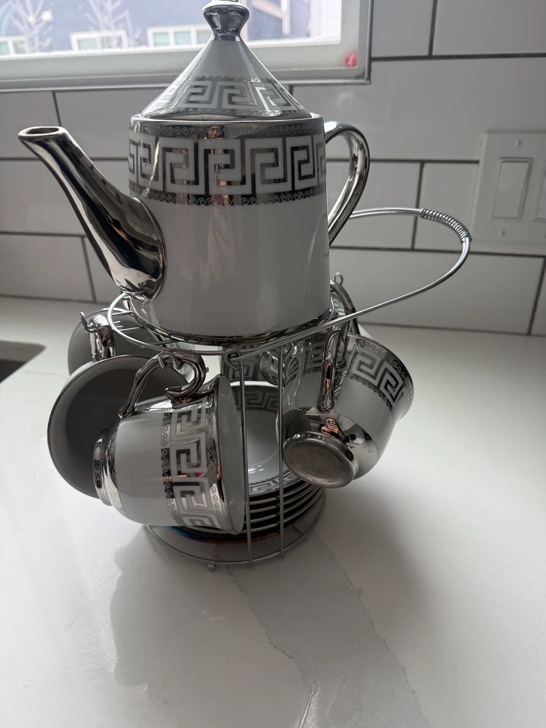 Tea Set with Stand - White & Silver