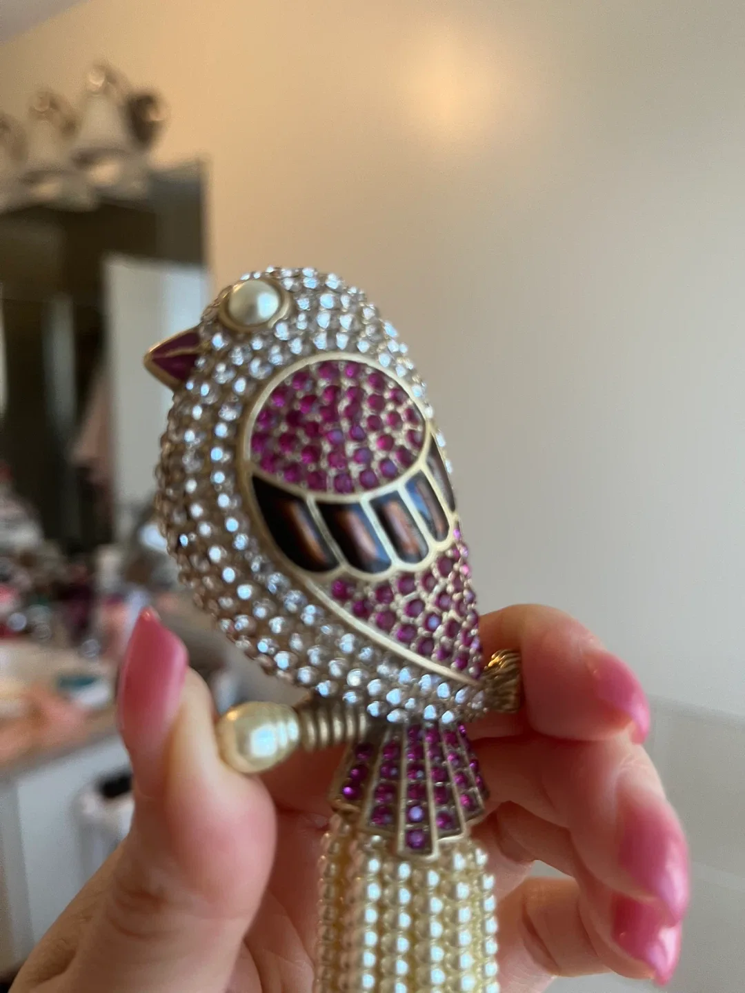 Bird Brooch with Pearl Tassels