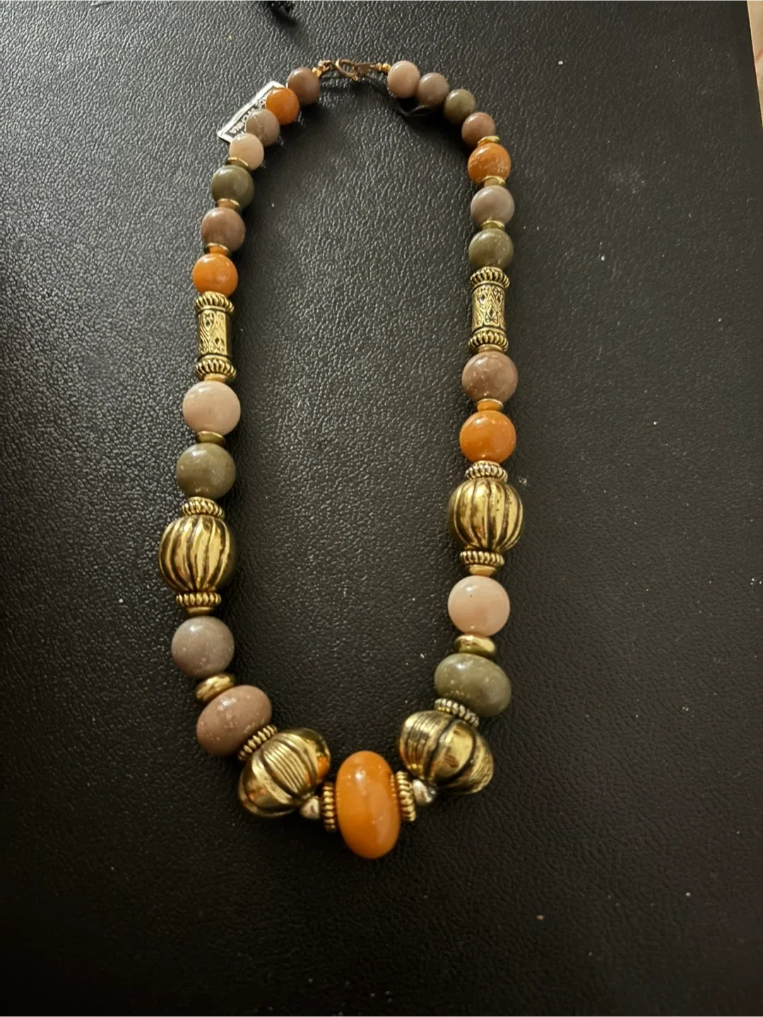 Beaded Necklace - Gold, Orange, Brown